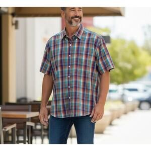 Forsyth Of Canada Mens Shirt Short Sleeve Non-Iron XL Purple/Orange Plaid Preppy